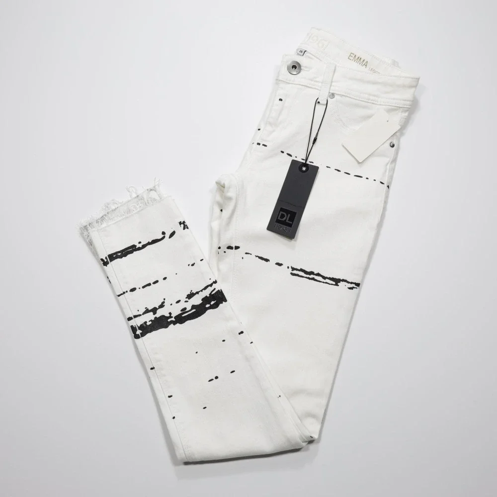 DL1961 Women's Hybrid 360 Splatter Print Skinny Jeans Denim‎ Raw Edge White 25